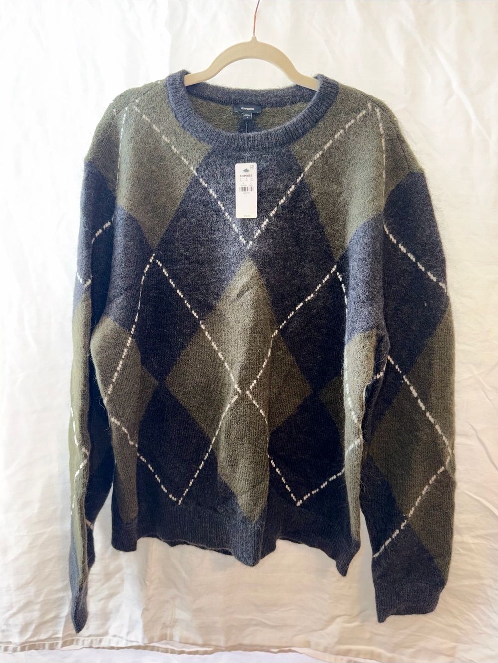 Express Olive & Charcoal Argyle Crewneck Sweater
